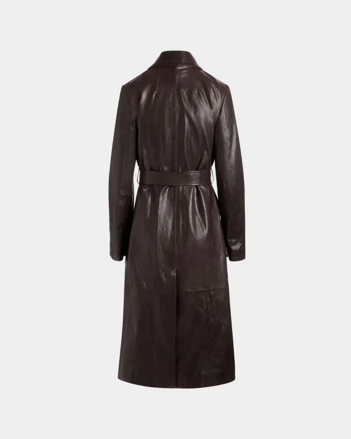 Women Bally Coats and Jackets Belted Coat In Ebano Leather Brown Women Bally Coats and Jackets Belted Coat In Ebano Leather Brown