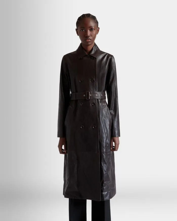 Women Bally Coats and Jackets Belted Coat In Ebano Leather Brown Women Bally Coats and Jackets Belted Coat In Ebano Leather Brown