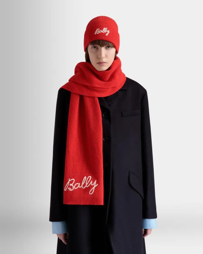 Women Bally Scarves Scarf With Logo In Candy Red Wool Red Women Bally Scarves Scarf With Logo In Candy Red Wool Red