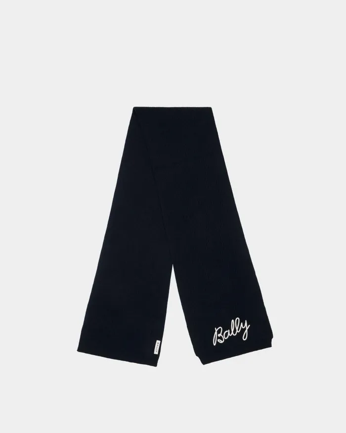 Women Bally Scarves Scarf With Logo In Navy Blue Wool Blue