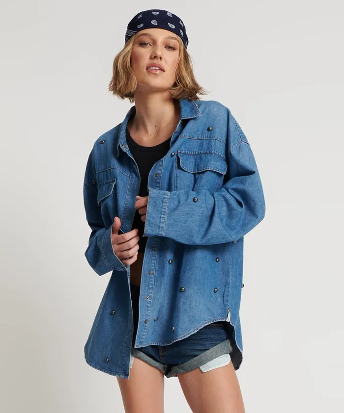 Women BAY BLUE STUDDED CURTIS DENIM SHIRT One Teaspoon Denim Tops