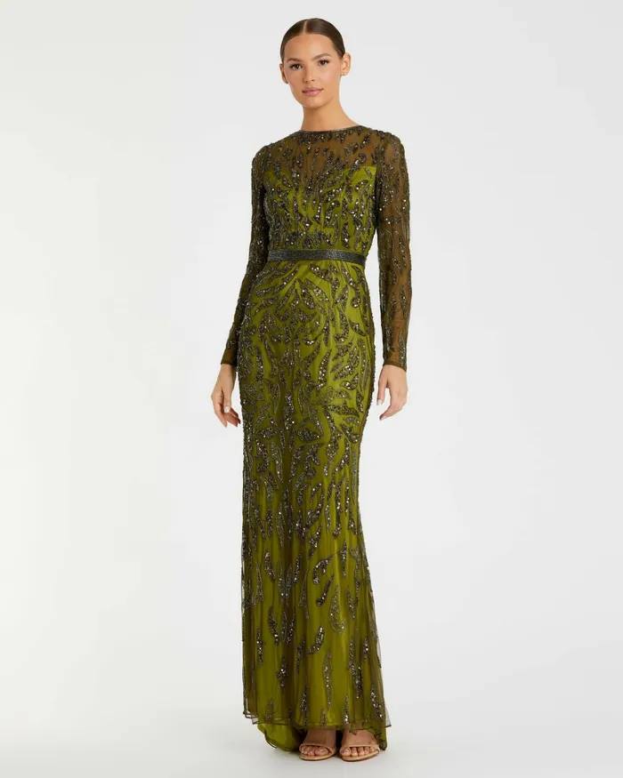Women Best Sellers Mac Duggal Green Beaded Long Sleeve Evening Gown Olive
