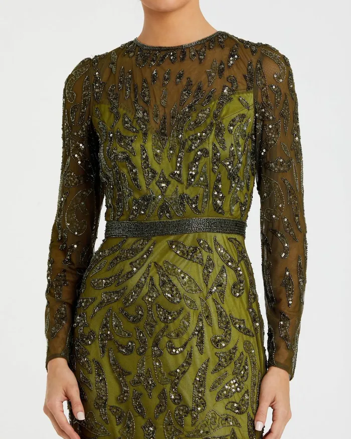 Women Best Sellers Mac Duggal Green Beaded Long Sleeve Evening Gown Olive