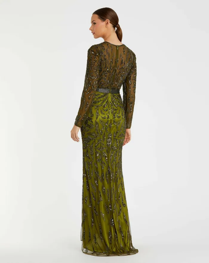Women Best Sellers Mac Duggal Green Beaded Long Sleeve Evening Gown Olive