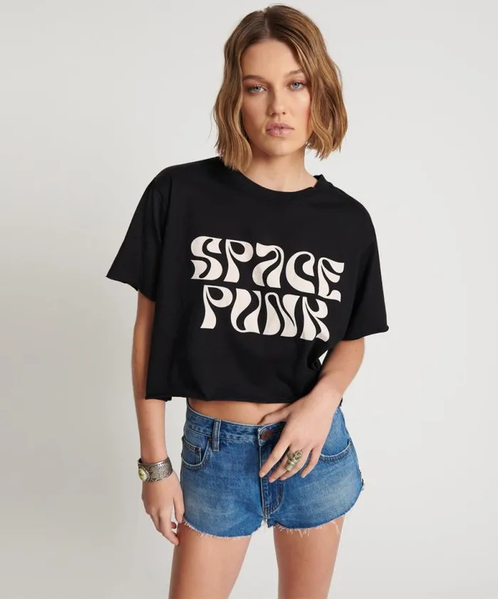 Women BLACK CROPPED SPACE PUNK TEE One Teaspoon Tees and Tanks