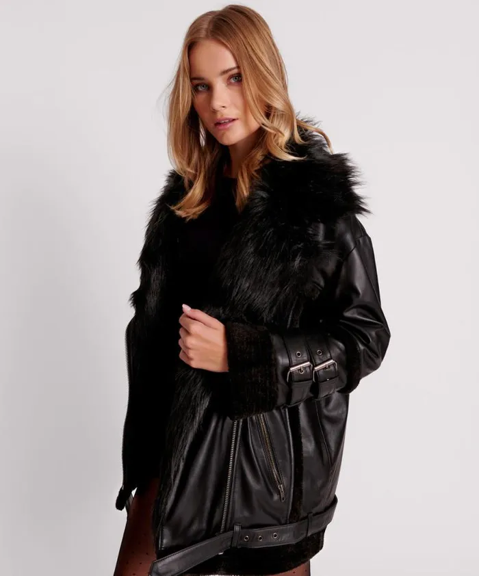 Women BLACK LEATHER FAUX FUR AVIATOR JACKET One Teaspoon Jackets