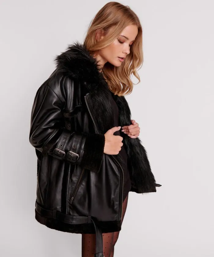 Women BLACK LEATHER FAUX FUR AVIATOR JACKET One Teaspoon Jackets Women BLACK LEATHER FAUX FUR AVIATOR JACKET One Teaspoon Jackets
