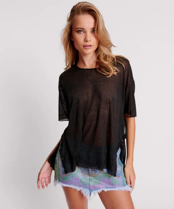 Women BLACK SPLIT SEAM TEE One Teaspoon Tops