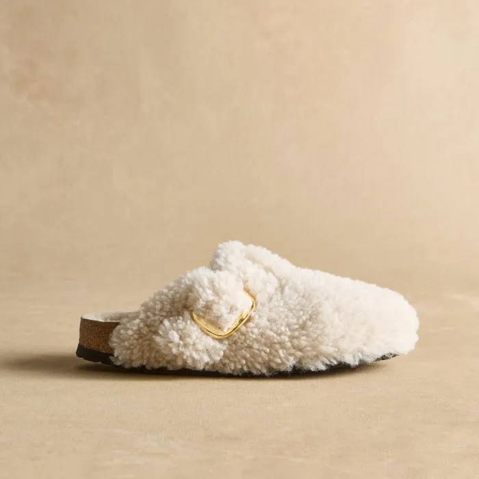 Women Boston Big Buckle Teddy Slides Eggshell Sundance Catalog Shoes