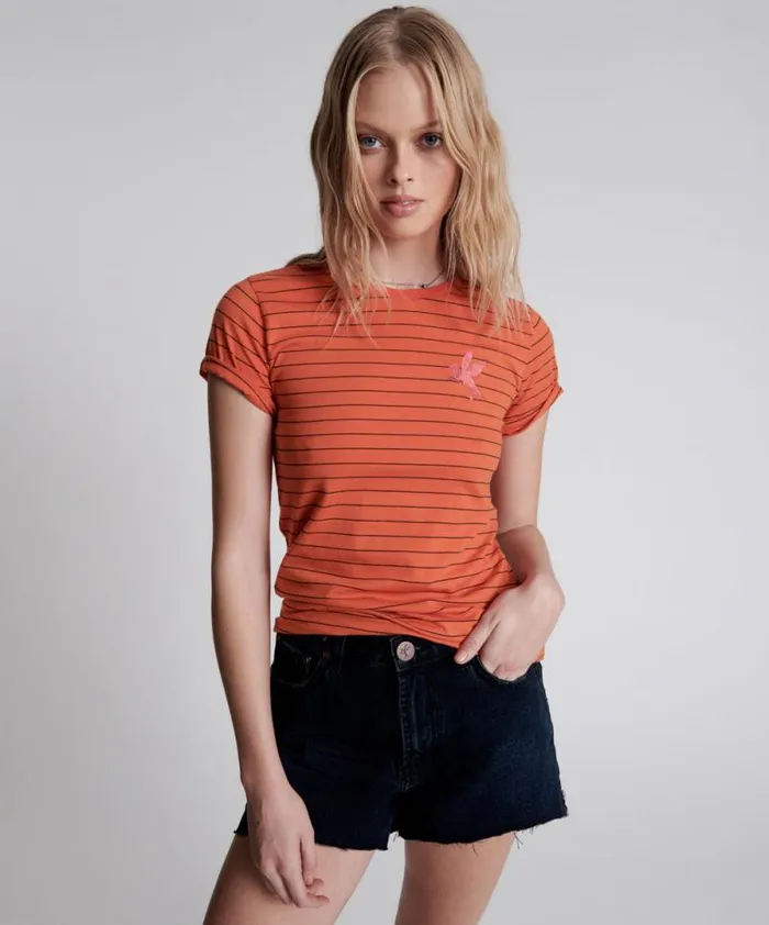 Women BOWER BIRD EMBROIDERED LOGO FITTED TEE ORANGE One Teaspoon Basic Tees