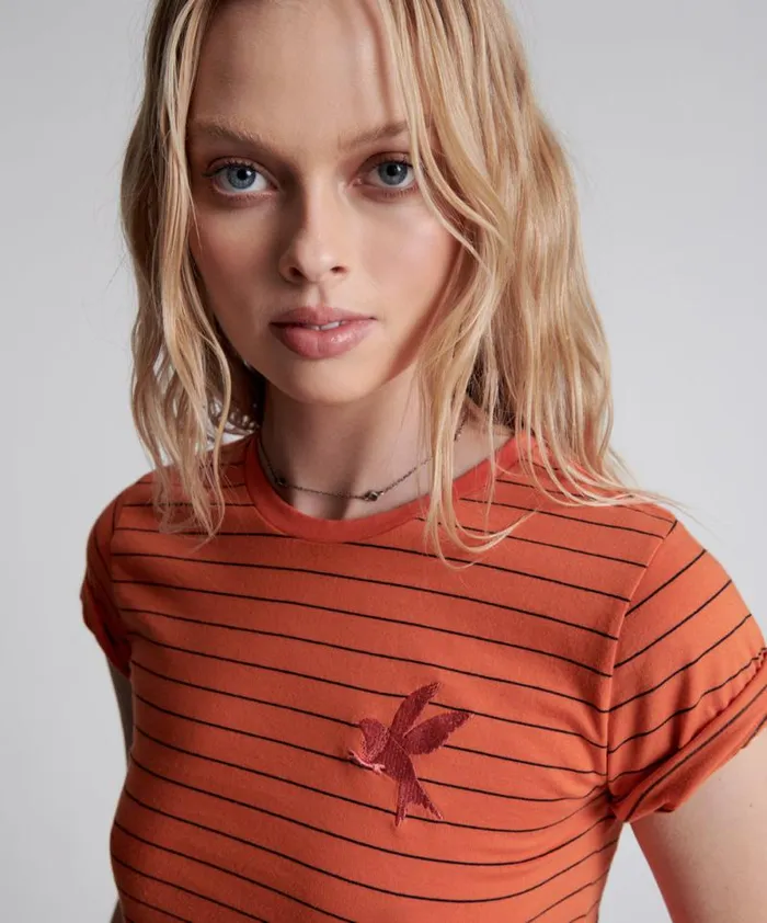 Women BOWER BIRD EMBROIDERED LOGO FITTED TEE ORANGE One Teaspoon Basic Tees Women BOWER BIRD EMBROIDERED LOGO FITTED TEE ORANGE One Teaspoon Basic Tees
