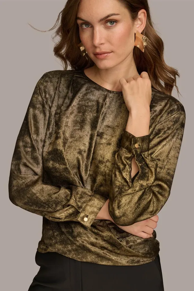 Women CREW FAUX WRAP TOP Goldblack Donna Karan New York Sweaters And Tops Women CREW FAUX WRAP TOP Goldblack Donna Karan New York Sweaters And Tops