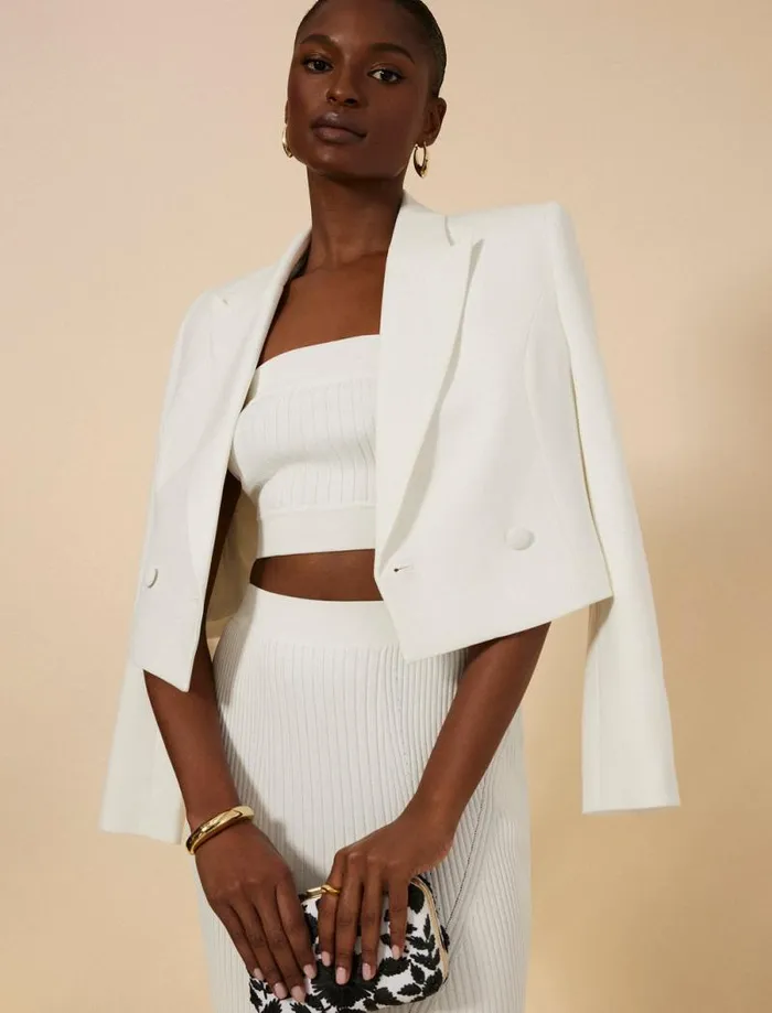 Women Cropped Blazer Gardenia BCBG Jackets and Blazers
