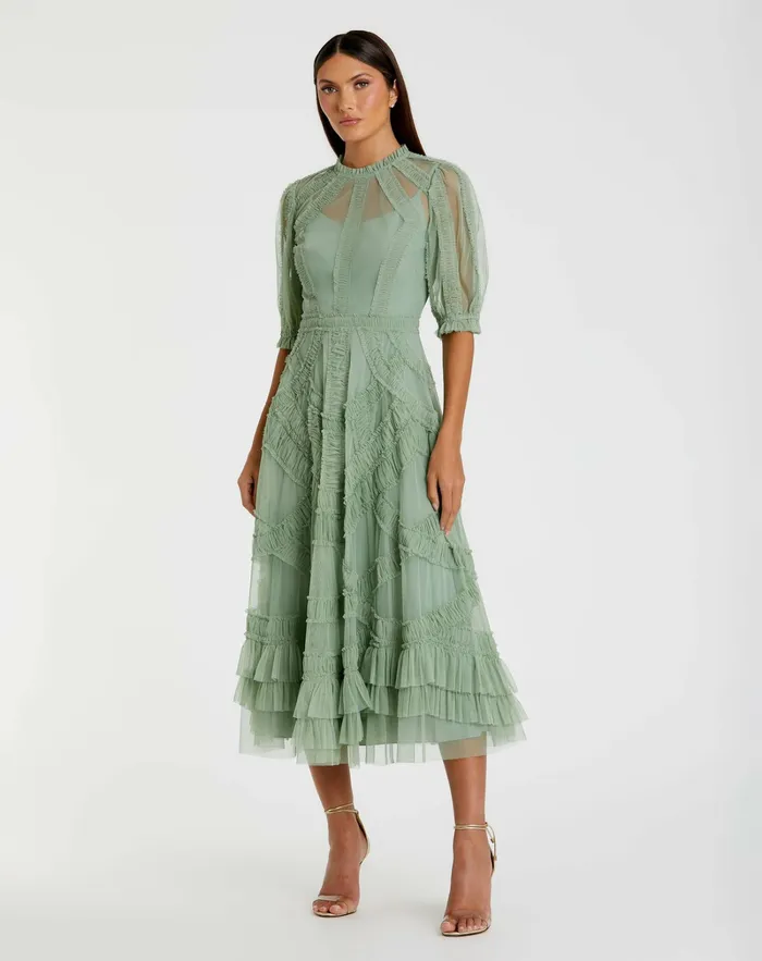 Women Daytime Dresses Mac Duggal Green High Neck Micro Ruffle Tiered Midi Dress Jade Women Daytime Dresses Mac Duggal Green High Neck Micro Ruffle Tiered Midi Dress Jade