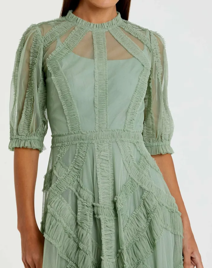 Women Daytime Dresses Mac Duggal Green High Neck Micro Ruffle Tiered Midi Dress Jade