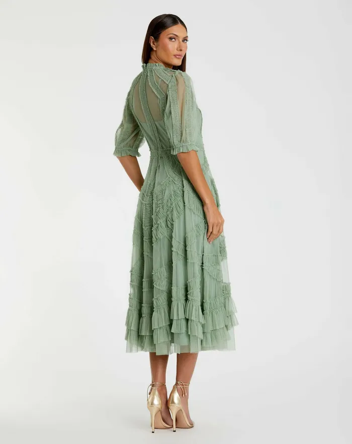 Women Daytime Dresses Mac Duggal Green High Neck Micro Ruffle Tiered Midi Dress Jade