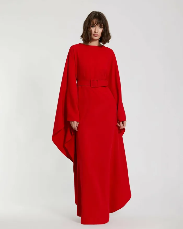 Women Every Day Dresses Mac Duggal Crepe Boat Neck Caftan Maxi Dress With Belt Cherry Women Every Day Dresses Mac Duggal Crepe Boat Neck Caftan Maxi Dress With Belt Cherry