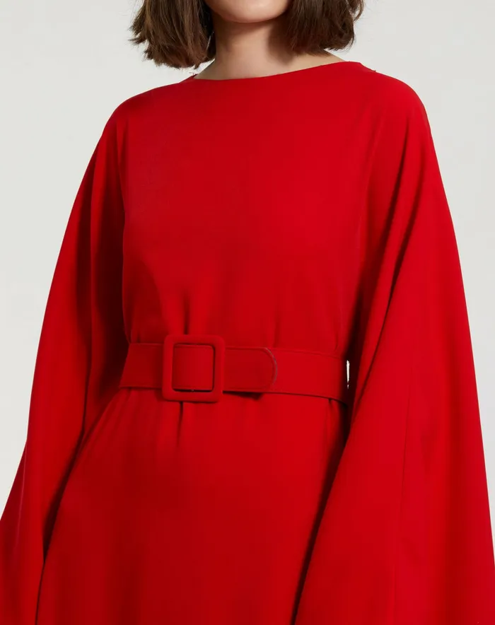 Women Every Day Dresses Mac Duggal Crepe Boat Neck Caftan Maxi Dress With Belt Cherry