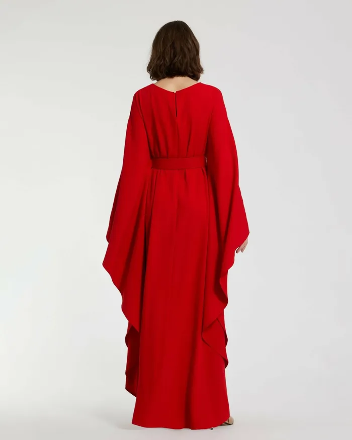 Women Every Day Dresses Mac Duggal Crepe Boat Neck Caftan Maxi Dress With Belt Cherry