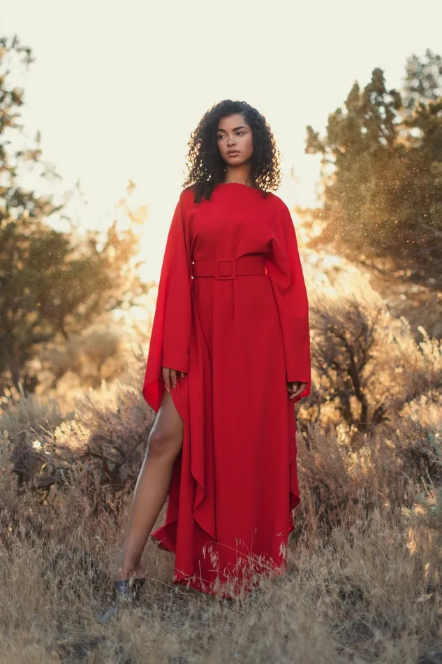 Women Every Day Dresses Mac Duggal Crepe Boat Neck Caftan Maxi Dress With Belt Cherry