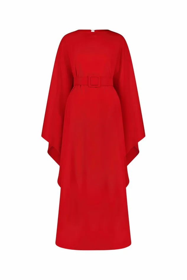 Women Every Day Dresses Mac Duggal Crepe Boat Neck Caftan Maxi Dress With Belt Cherry