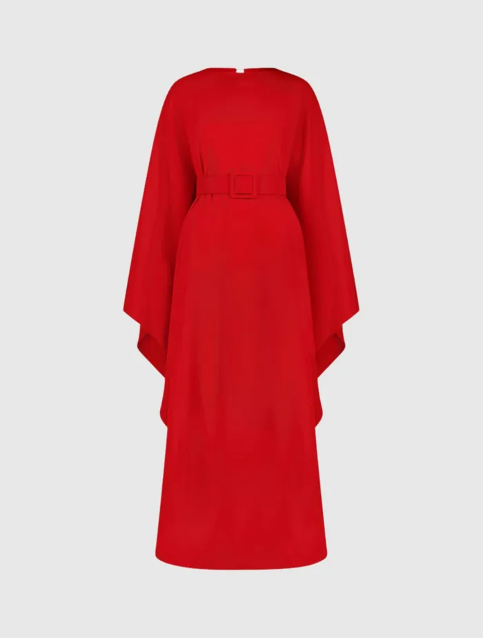 Women Every Day Dresses Mac Duggal Crepe Boat Neck Caftan Maxi Dress With Belt Cherry