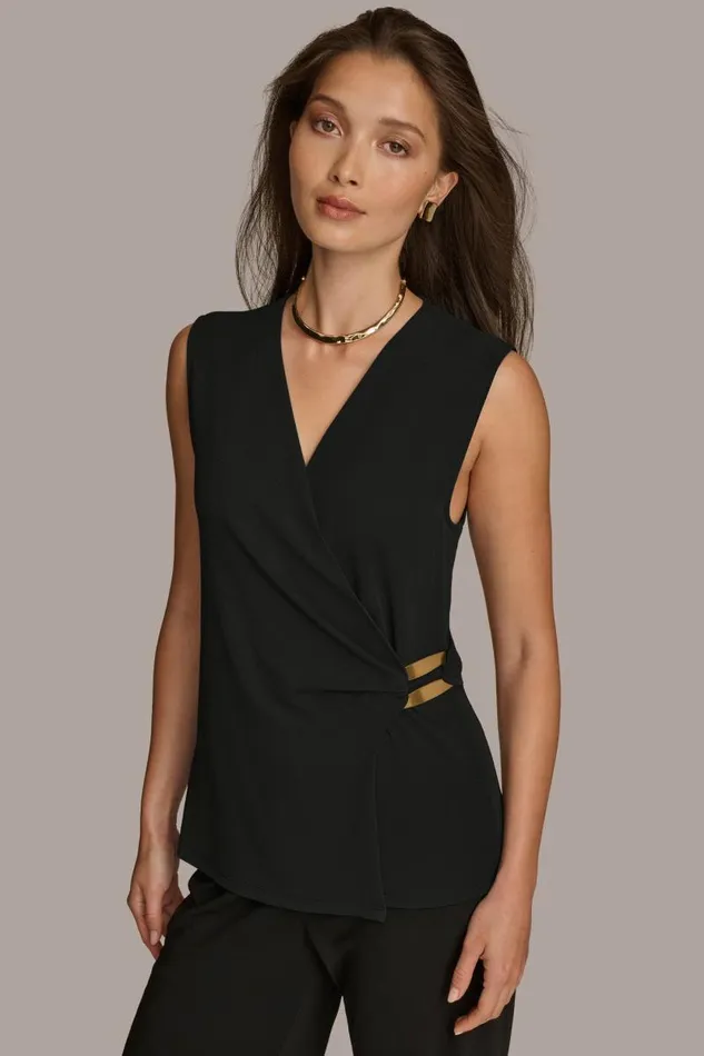 Women FAUX WRAP TOP WITH BRUSHED HARDWARE DETAIL Black Donna Karan New York Sweaters And Tops Women FAUX WRAP TOP WITH BRUSHED HARDWARE DETAIL Black Donna Karan New York Sweaters And Tops