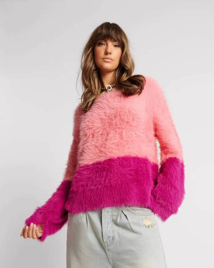 Women FLUFFY COLOUR BLOCK SWEATER One Teaspoon Knitwear