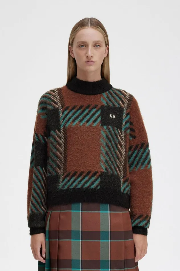 Women Glitch Tartan Jumper Whisky Brown Fred Perry Knitwear