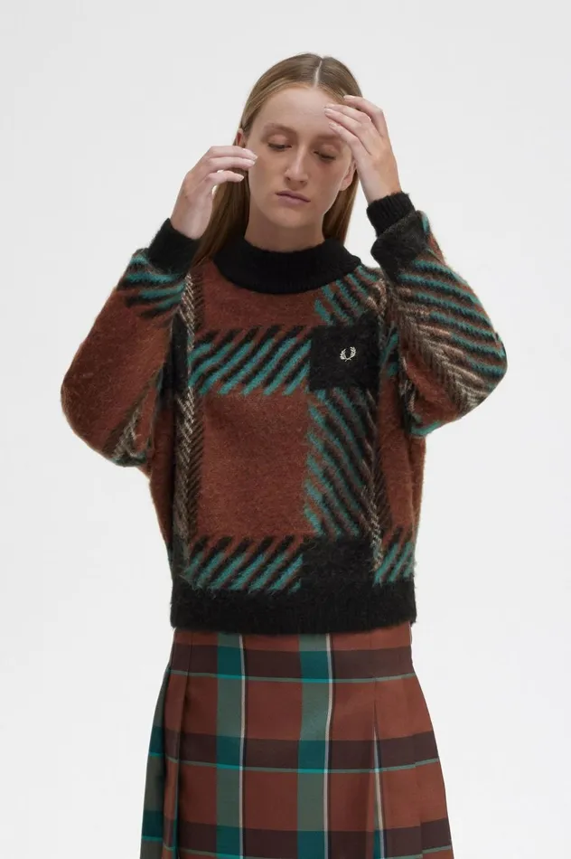 Women Glitch Tartan Jumper Whisky Brown Fred Perry Knitwear