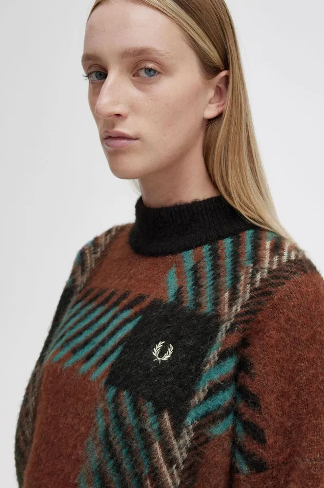 Women Glitch Tartan Jumper Whisky Brown Fred Perry Knitwear