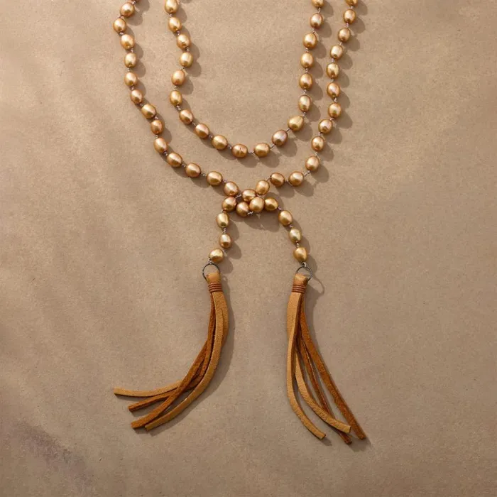 Women Golden Pearl Lariat Sundance Catalog Necklaces