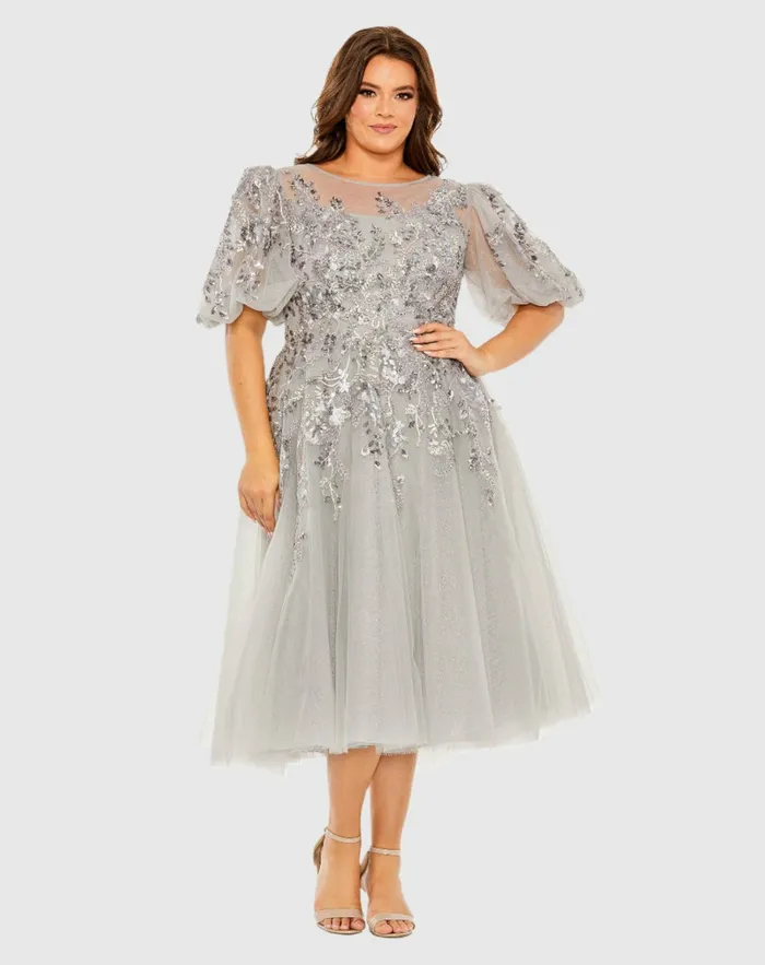 Women Gray Puff Sleeve Glitter Embellished Dress Charcoal Plus Size Dresses Mac Duggal Women Gray Puff Sleeve Glitter Embellished Dress Charcoal Plus Size Dresses Mac Duggal