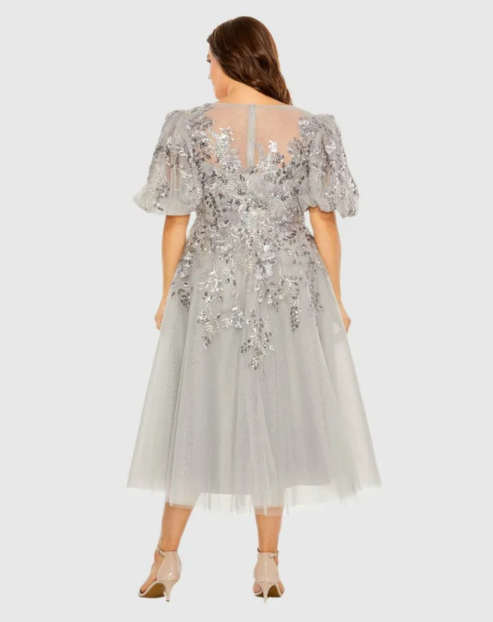 Women Gray Puff Sleeve Glitter Embellished Dress Charcoal Plus Size Dresses Mac Duggal