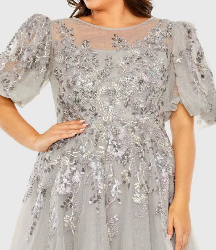 Women Gray Puff Sleeve Glitter Embellished Dress Charcoal Plus Size Dresses Mac Duggal