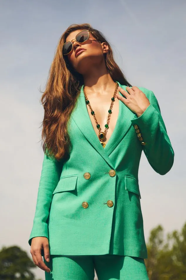 Women In Stock Tailoring Holland Cooper Double Breasted Blazer Jade Linen