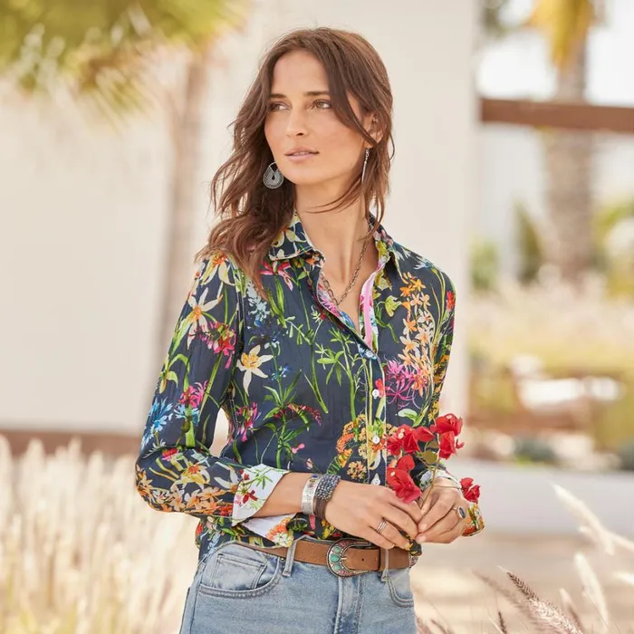 Women Island Florals Shirt Washed Indigo Sundance Catalog Tops
