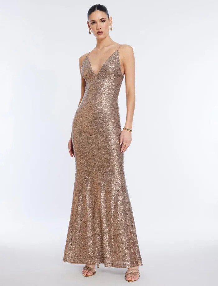 Women Jiona Sequined Evening Gown Copper BCBG Dresses