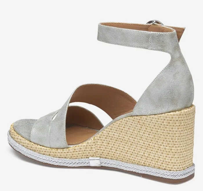 Women Johnston and Murphy Heels and Platform Wedges Marcia Asymmetrical Sandal Silver Metallic Kid Suede Women Johnston and Murphy Heels and Platform Wedges Marcia Asymmetrical Sandal Silver Metallic Kid Suede