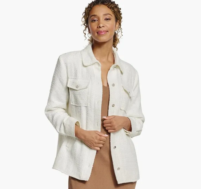 Women Johnston and Murphy Shirts Sweaters and Blazers Boucle Shirt Jacket White