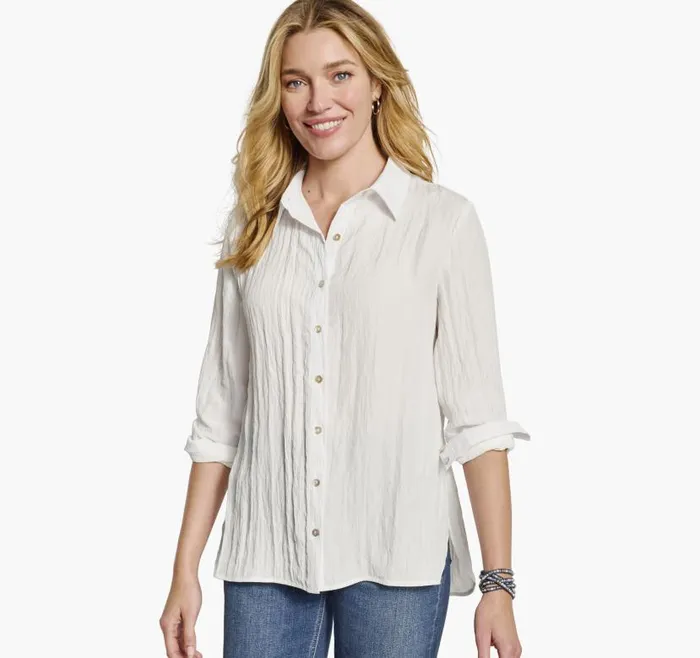 Women Johnston and Murphy Shirts Sweaters and Blazers Crinkle ButtonFront Shirt White