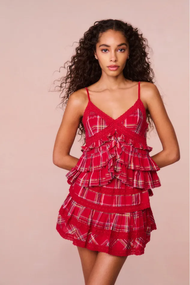WomenKids LoveShackFancy Tops Abbott Tartan Ruffle Top Cheery Red