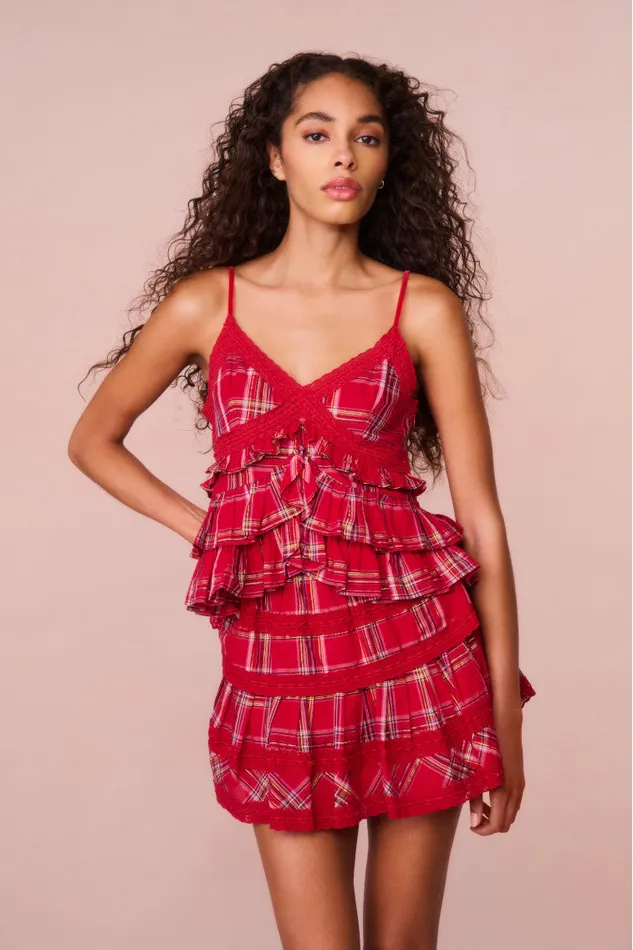 WomenKids LoveShackFancy Tops Abbott Tartan Ruffle Top Cheery Red