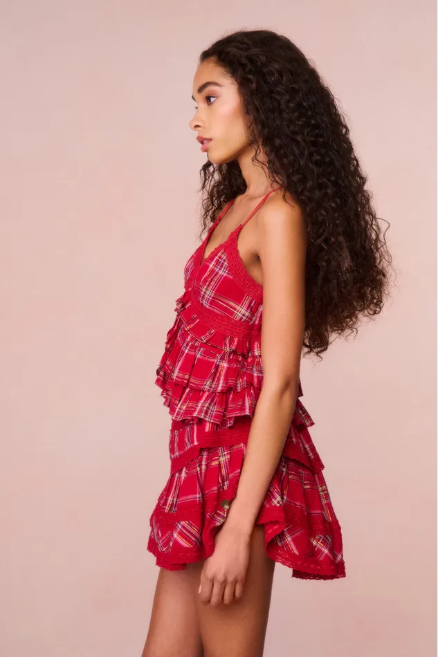 WomenKids LoveShackFancy Tops Abbott Tartan Ruffle Top Cheery Red
