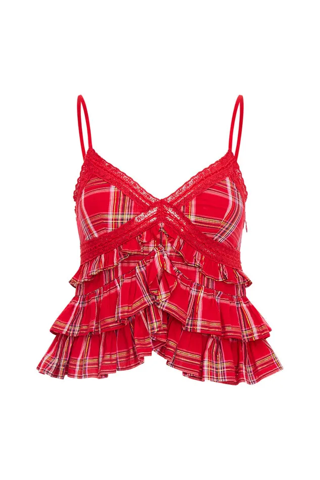 WomenKids LoveShackFancy Tops Abbott Tartan Ruffle Top Cheery Red