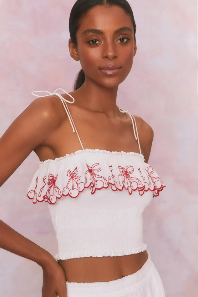 WomenKids LoveShackFancy Tops Carletta Cherry Embroidered Smocked Top Candy Red