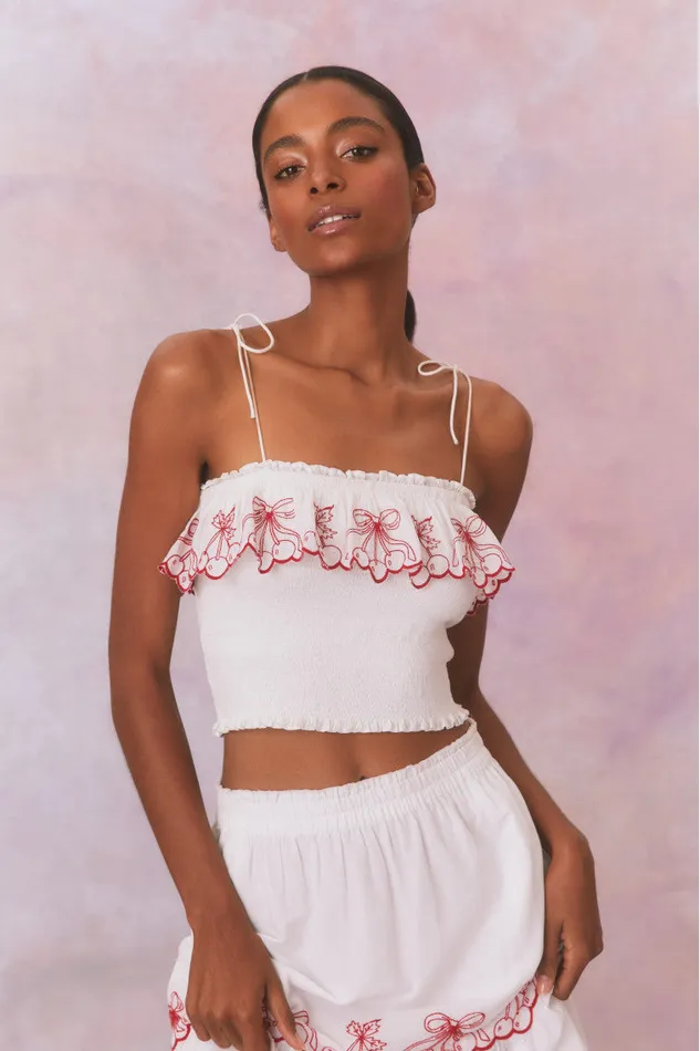 WomenKids LoveShackFancy Tops Carletta Cherry Embroidered Smocked Top Candy Red