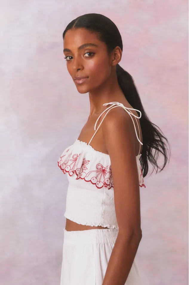 WomenKids LoveShackFancy Tops Carletta Cherry Embroidered Smocked Top Candy Red