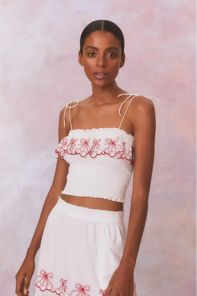 WomenKids LoveShackFancy Tops Carletta Cherry Embroidered Smocked Top Candy Red