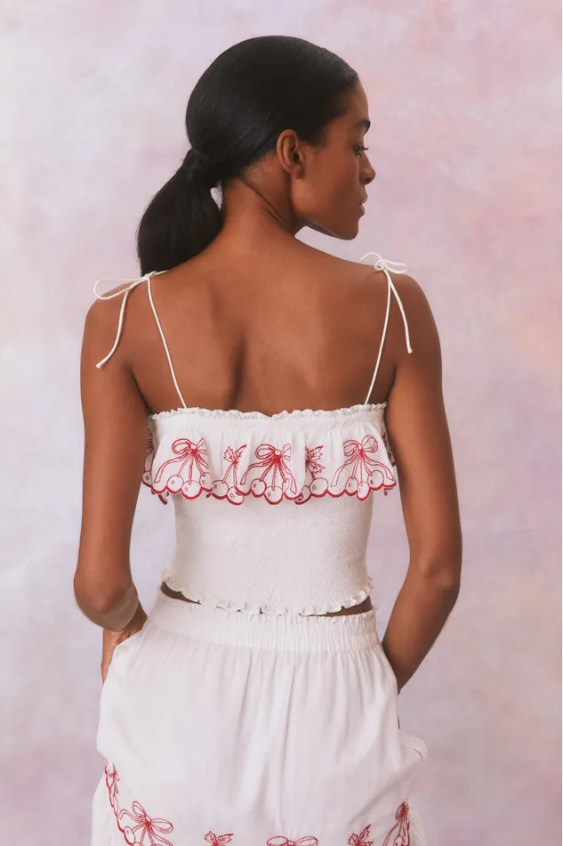 WomenKids LoveShackFancy Tops Carletta Cherry Embroidered Smocked Top Candy Red